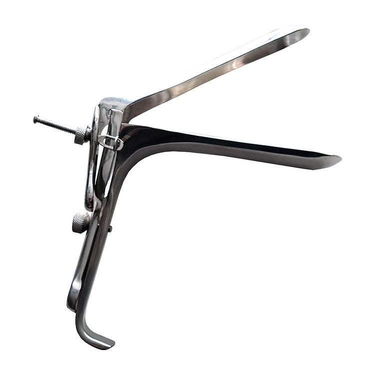 Stainless steel vaginal speculum with a locking screw.