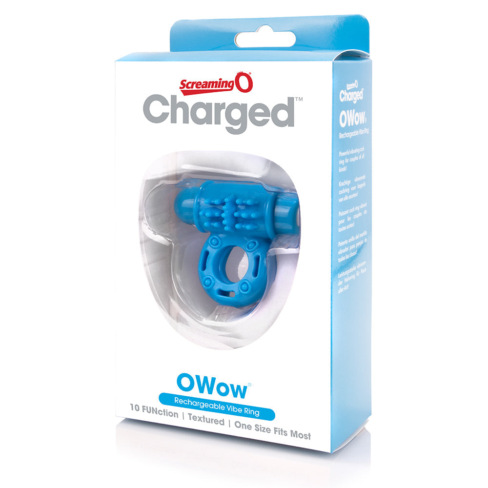 Blue rechargeable vibrating cock ring with textured surface.