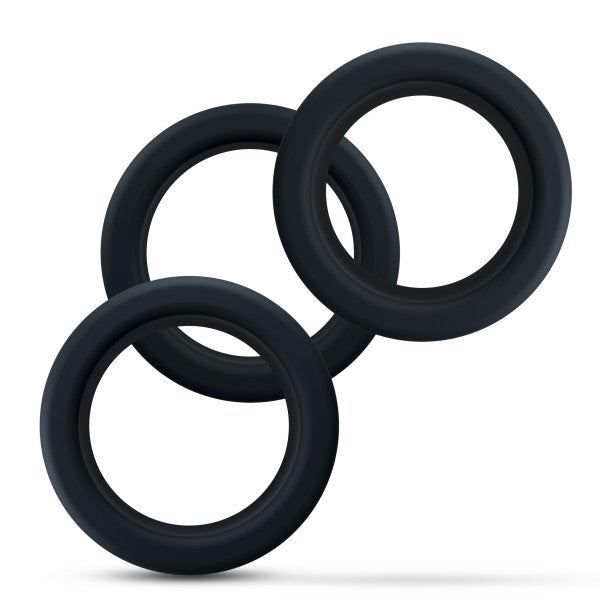 Three black silicone rings are arranged in a cluster.