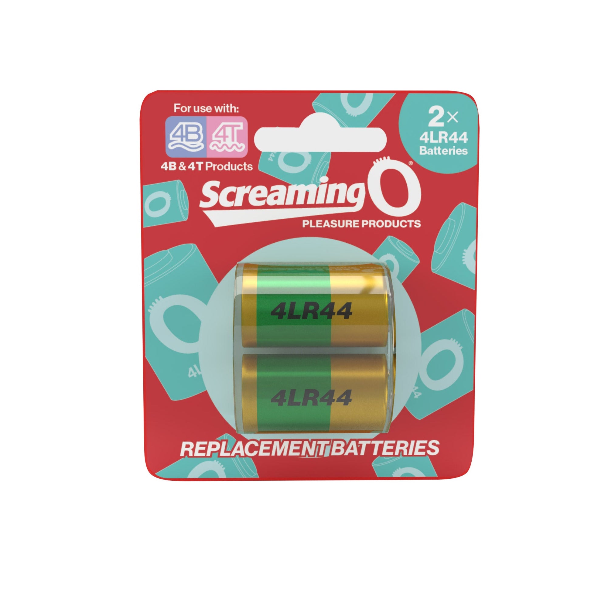 Two 4LR44 batteries in blister packaging for Screaming O pleasure products.