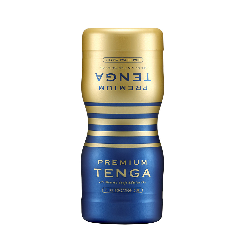 Tenga Premium Dual Sensation Cup masturbator in gold and blue.