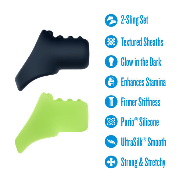 Two silicone cocksling set pieces, one in navy and one in lime green, with textured tops.