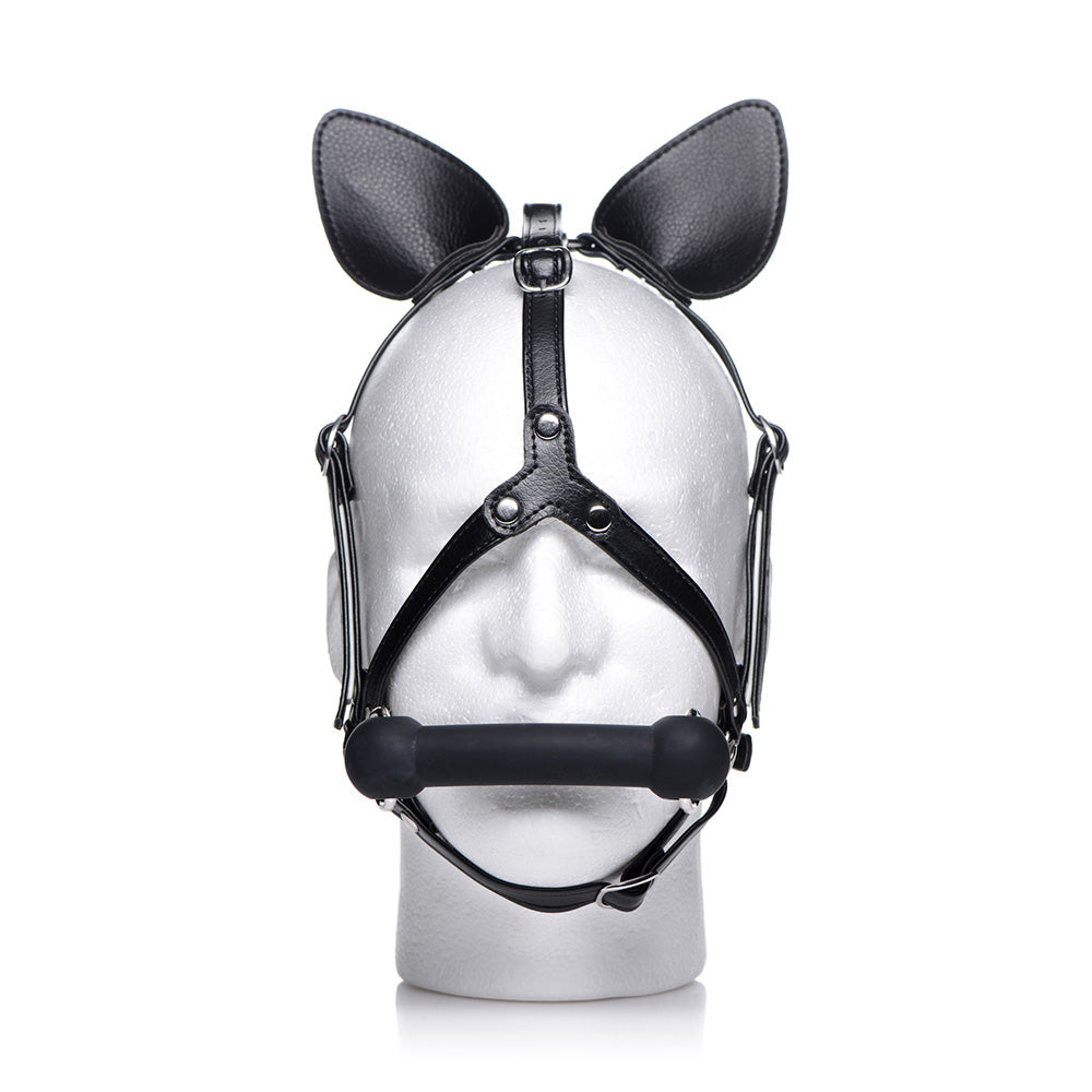 Black vegan leather pony head harness with a silicone bit gag.
