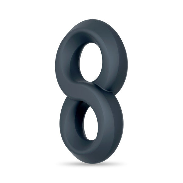 Figure-eight shaped dark grey silicone cock ring.