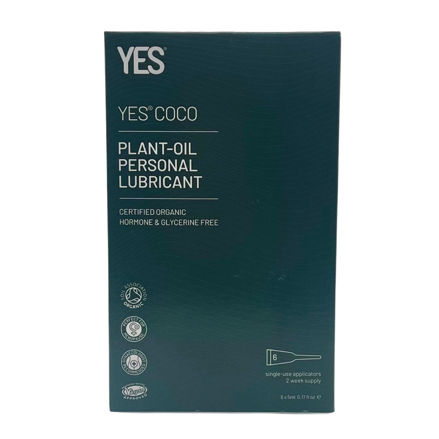 YES Coco organic coconut oil personal lubricant with 6 single-use applicators.