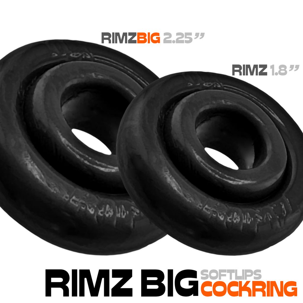Two black rubber cock rings, one larger than the other, with text labels.