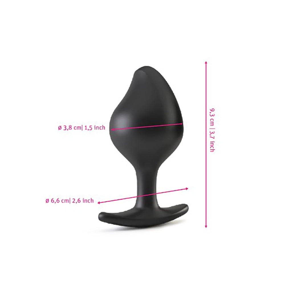 Black vibrating prostate butt plug with remote control and size indicators.
