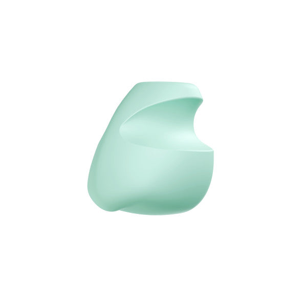 A light teal silicone vibrator with a curved shape and finger grip.