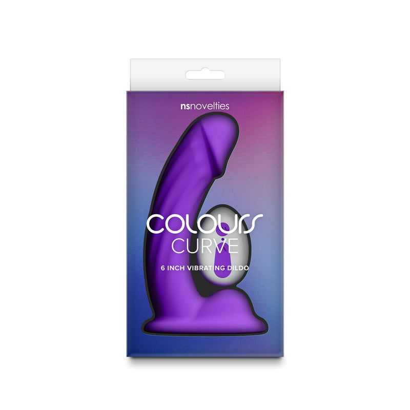 Purple curved vibrating dildo in packaging.
