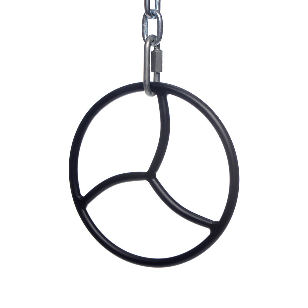 Black metal Shibari suspension ring with three segments.