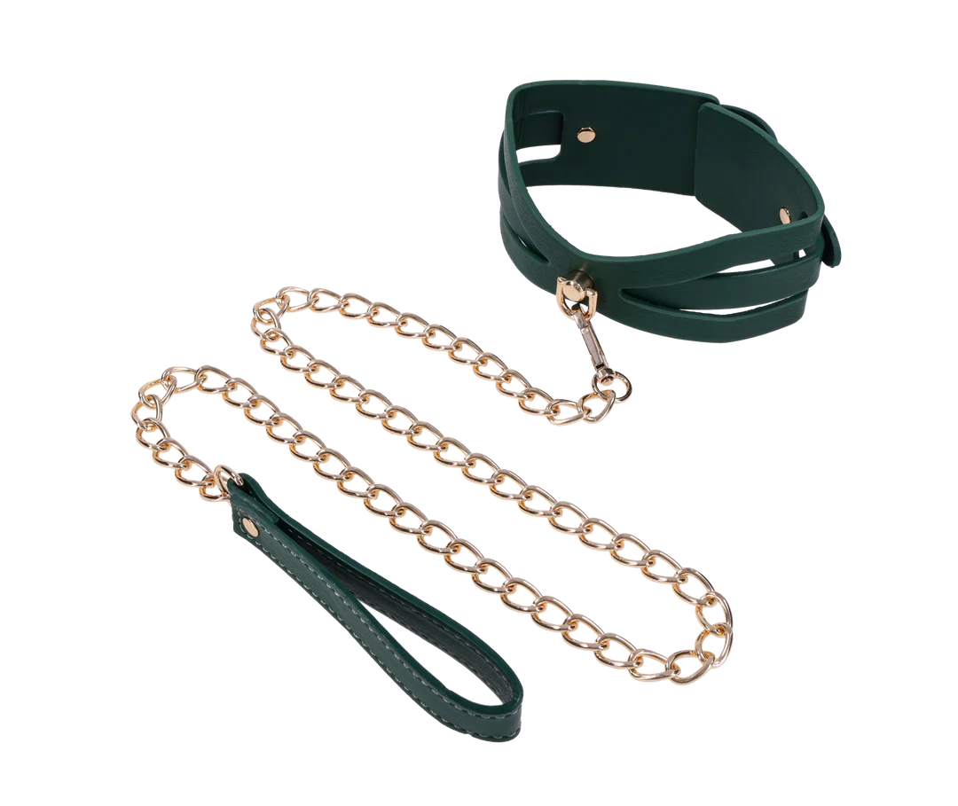 Emerald green faux leather collar with gold chain leash.
