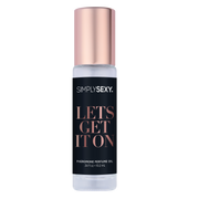 Simply Sexy "Let's Get It On" pheromone perfume oil roll-on with a rose gold cap.