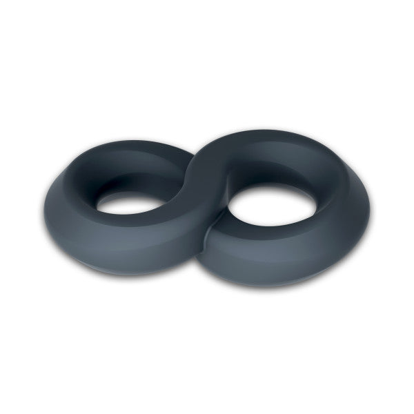 Figure-eight shaped dark grey silicone cock ring.