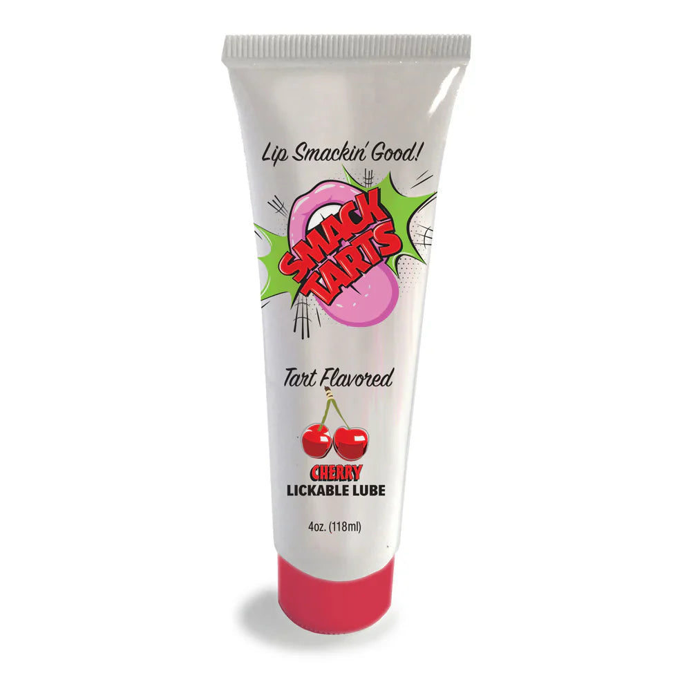 A tube of cherry lickable lube with a cartoon mouth and cherries.