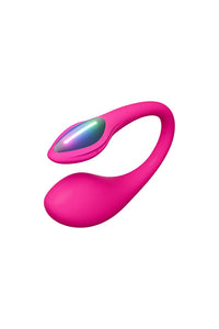 A pink, curved vibrator with a rainbow light on top.