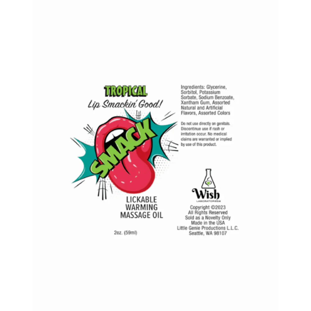 Tropical warming and lickable massage oil with a lip graphic.
