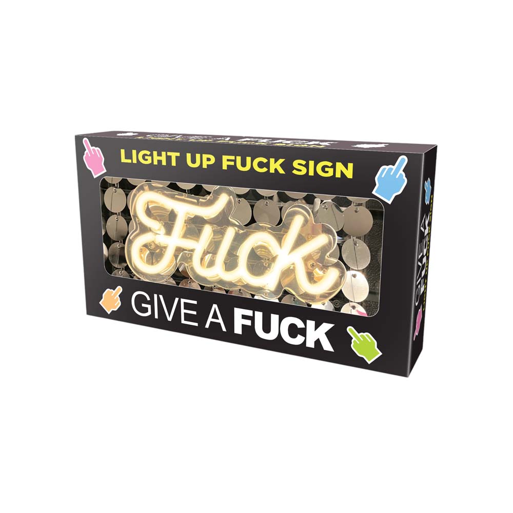 A neon "Fuck" sign with a sequin background in its packaging.