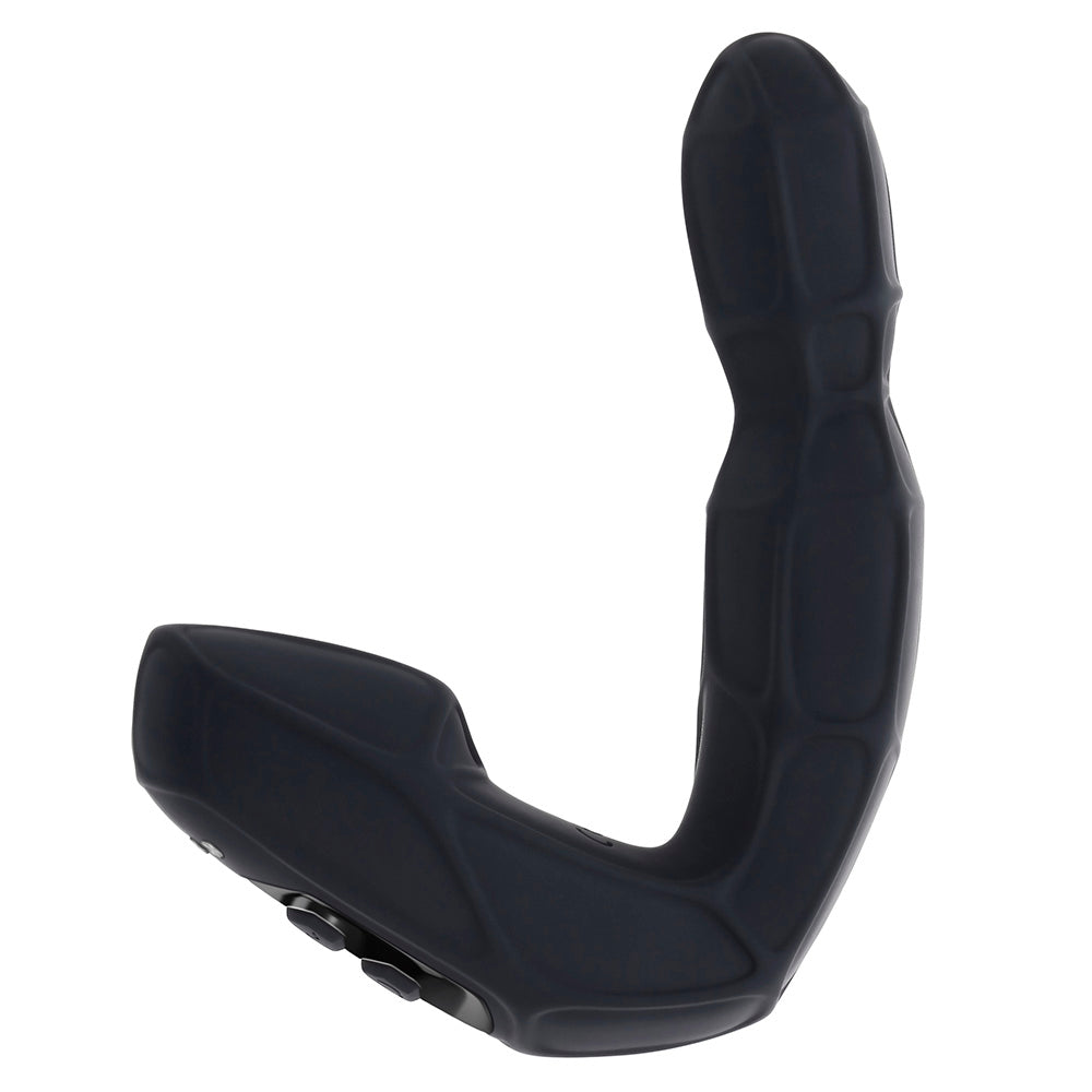 A black remote-controlled prostate massager with a curved shape and textured surface.