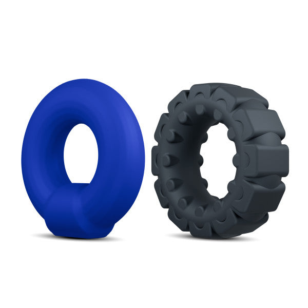 Two silicone cock rings, one smooth blue and one textured grey.