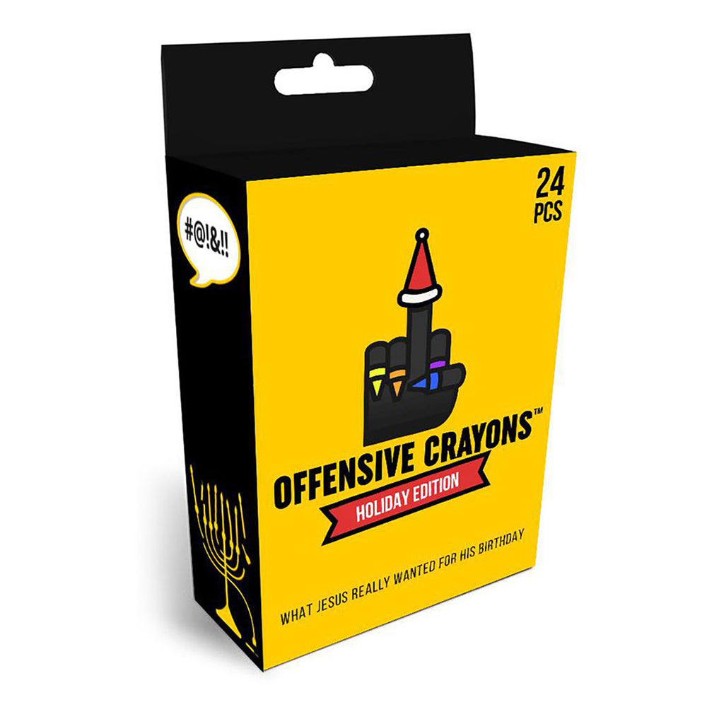 Box of "Offensive Crayons Holiday Edition" with a middle finger wearing a Santa hat.