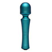 A teal mini wand vibrator with plus and minus buttons and the ROMP logo.