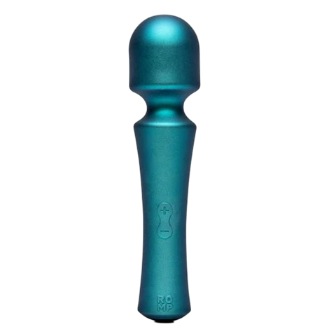 A teal mini wand vibrator with plus and minus buttons and the ROMP logo.
