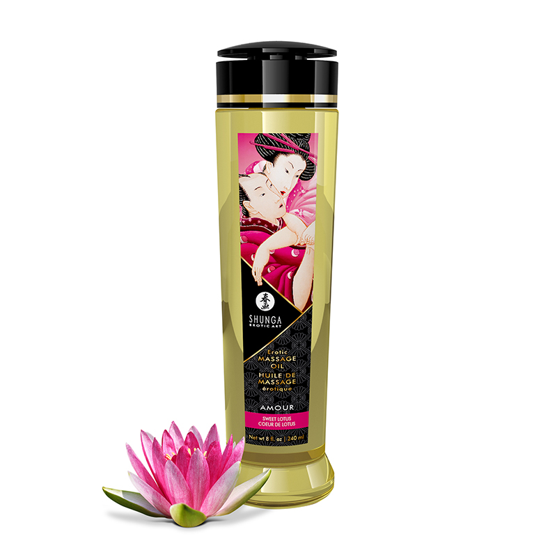 Shunga Amour Sweet Lotus massage oil bottle with a pink lotus flower.