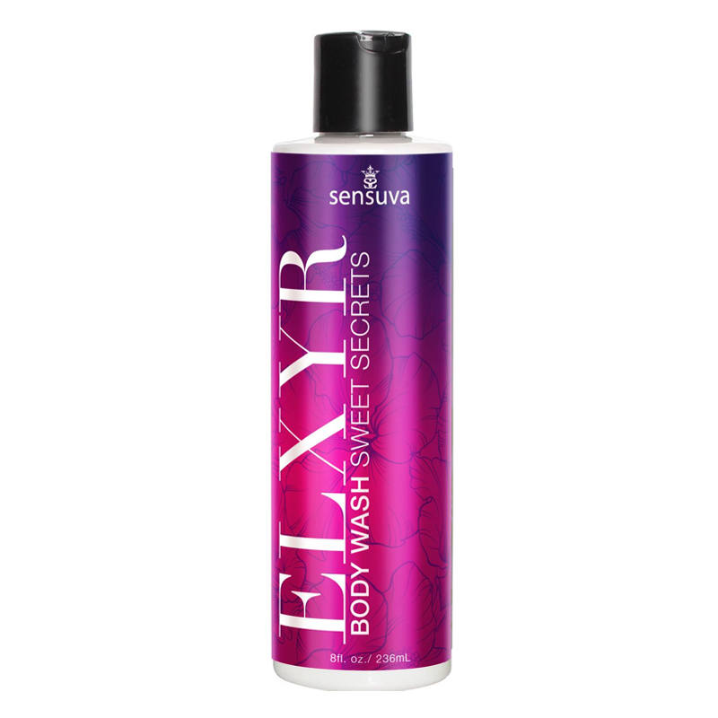 A bottle of Sensuva Elixir body wash with a purple and pink floral design.
