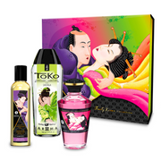 Fruity Kisses gift set with massage oil, warming oil, and lubricant.