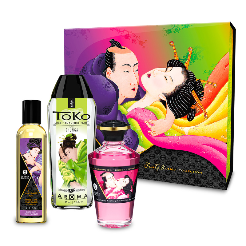 Fruity Kisses gift set with massage oil, warming oil, and lubricant.