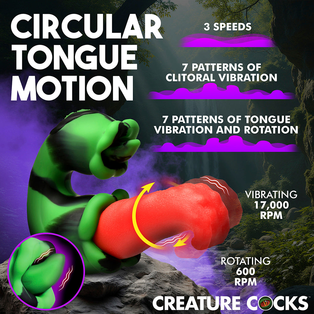 Green and black fantasy vibrator with a red vibrating and rotating tongue attachment.