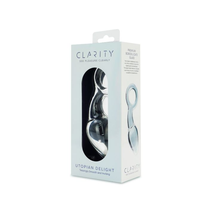 Clarity Utopian Delight glass anal plug in its packaging.