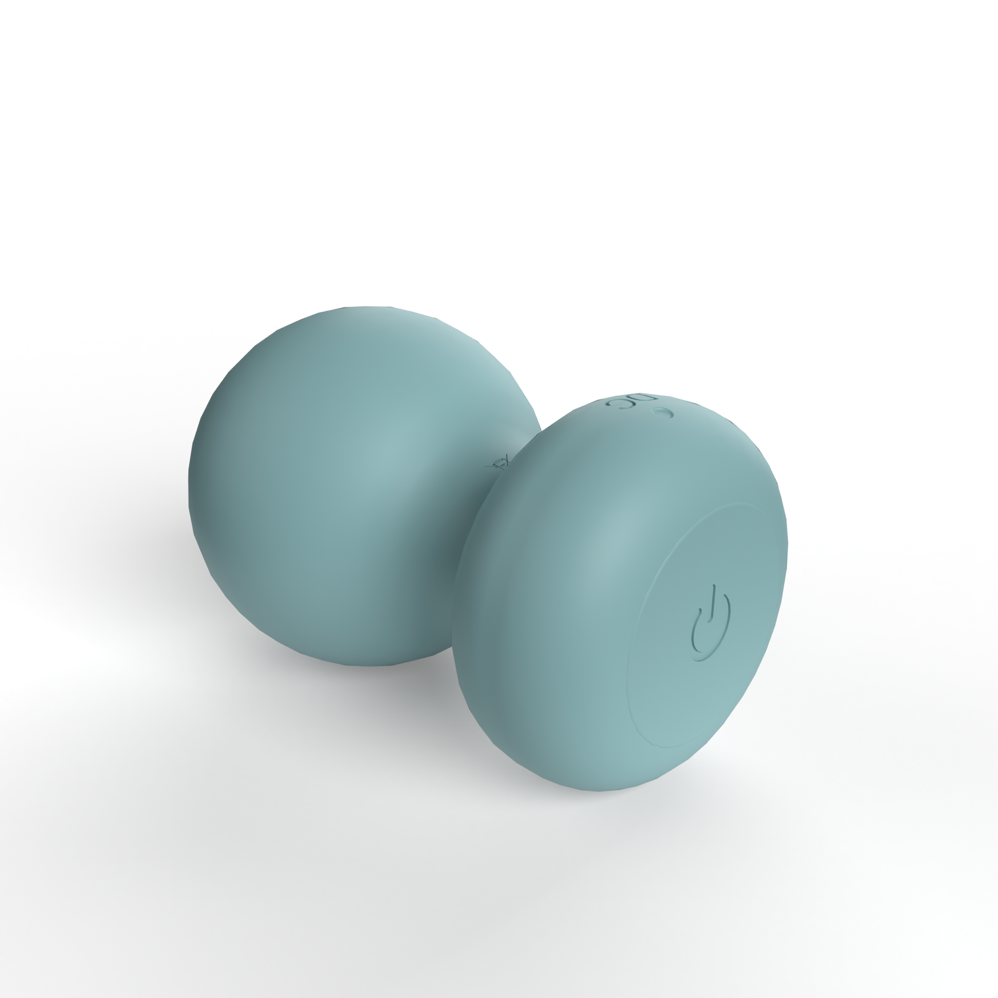 Powder blue rechargeable silicone palm vibrator with power button.