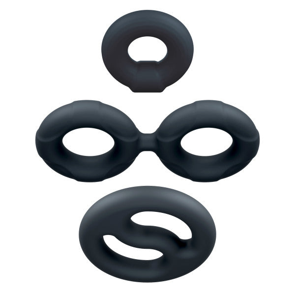 Three black silicone rings for cock and ball stretching.