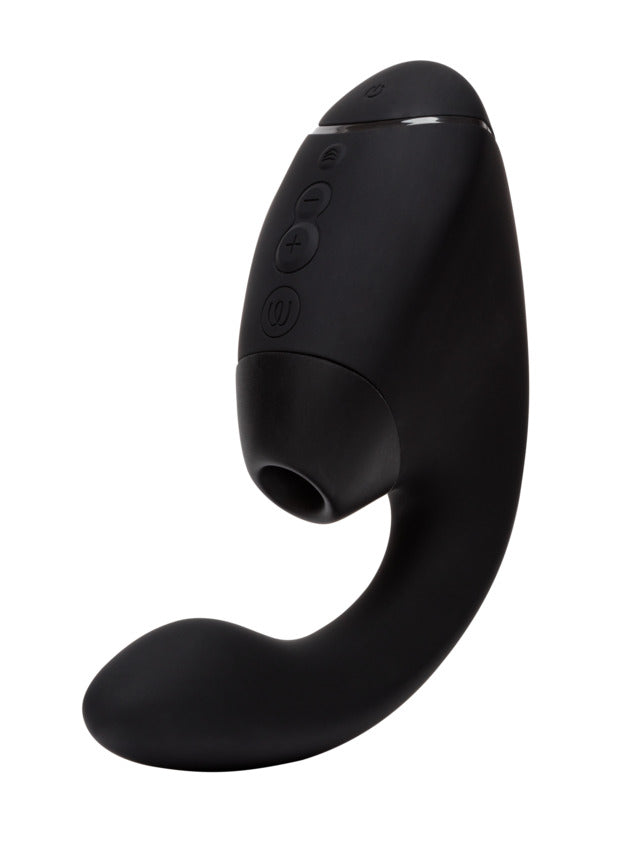 Black dual stimulator with buttons and a curved end.