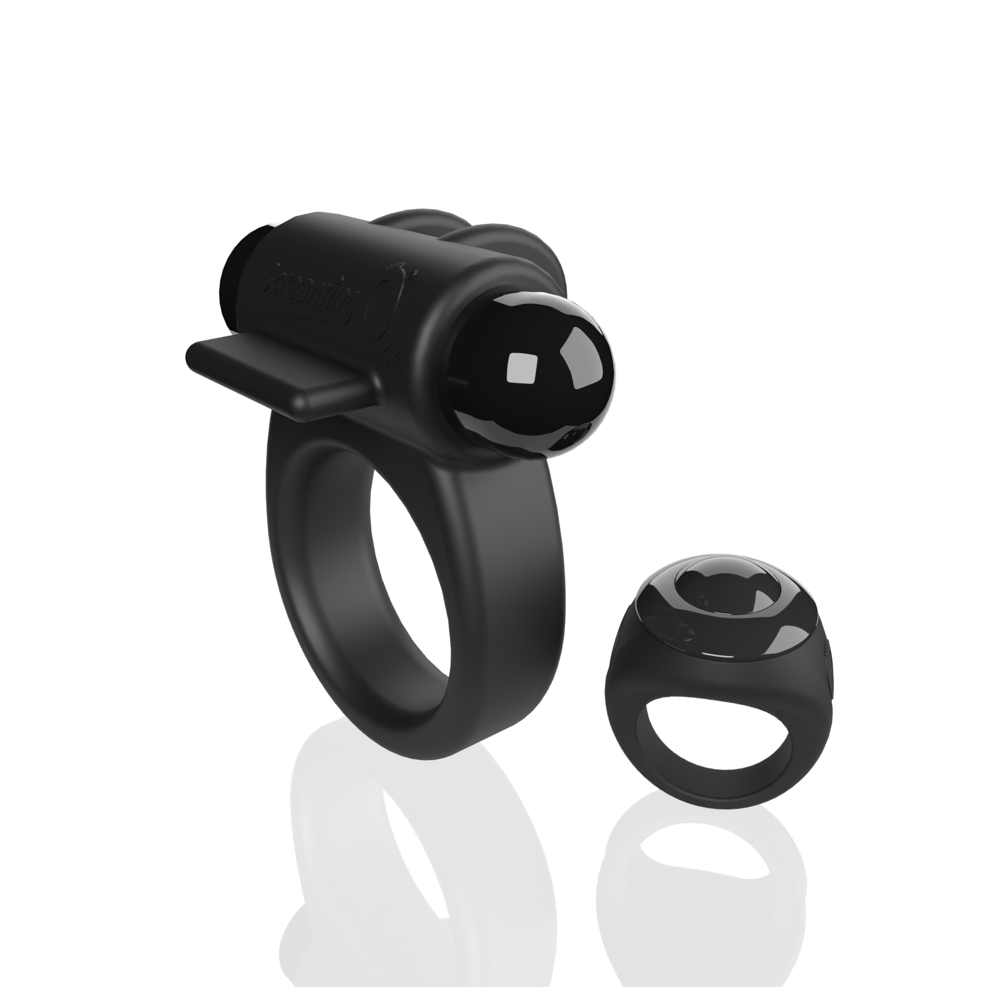Black remote-controlled vibrating cock ring with a separate smaller ring.