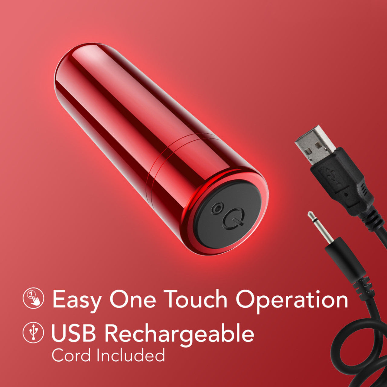 Red mini bullet vibrator with USB charging cord and text about easy operation.