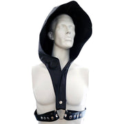 Faux leather hoody harness with adjustable straps and metal accents.