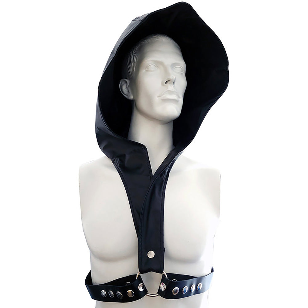 Faux leather hoody harness with adjustable straps and metal accents.