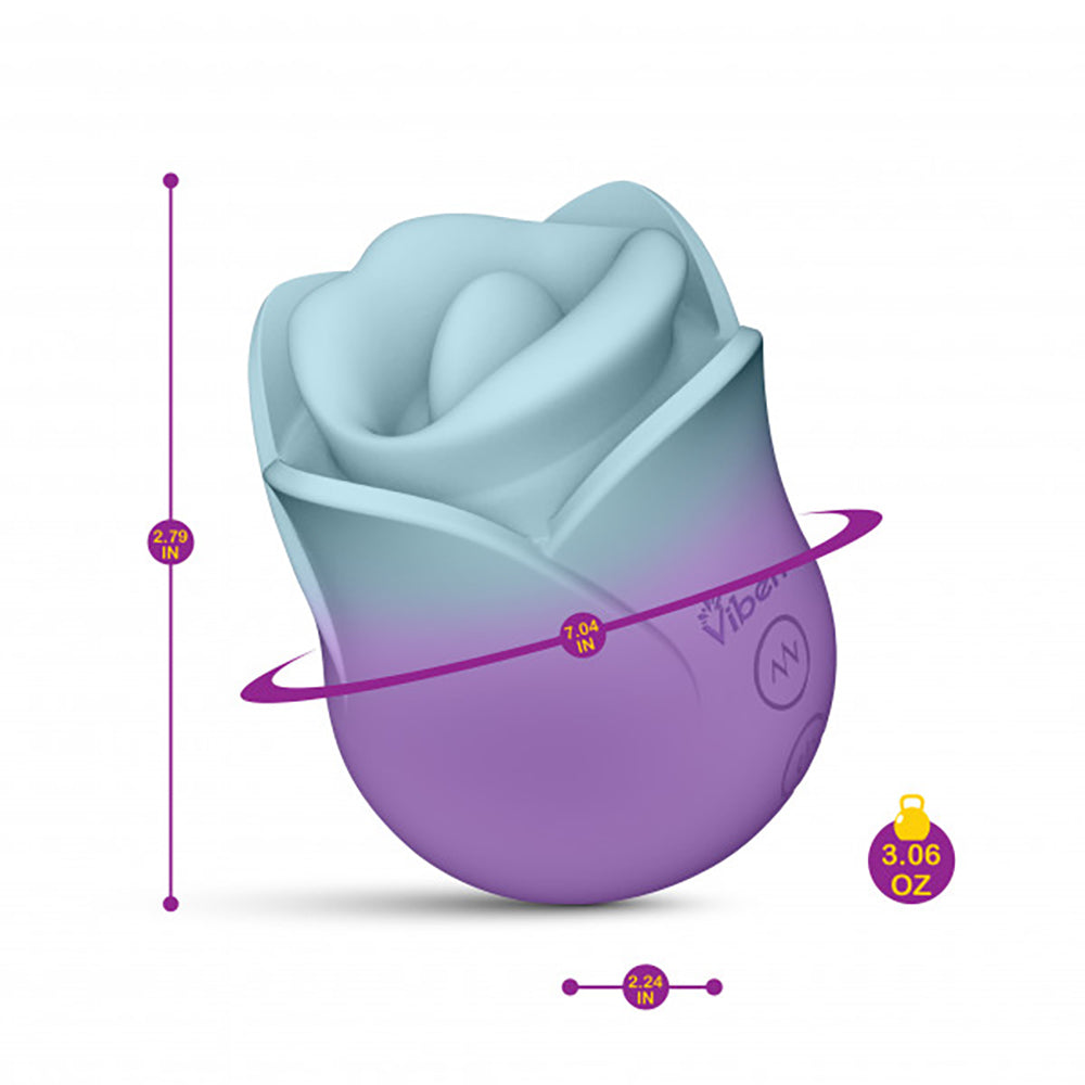 A rose-shaped clitoral stimulator in blue and purple with dimensions and weight indicated.