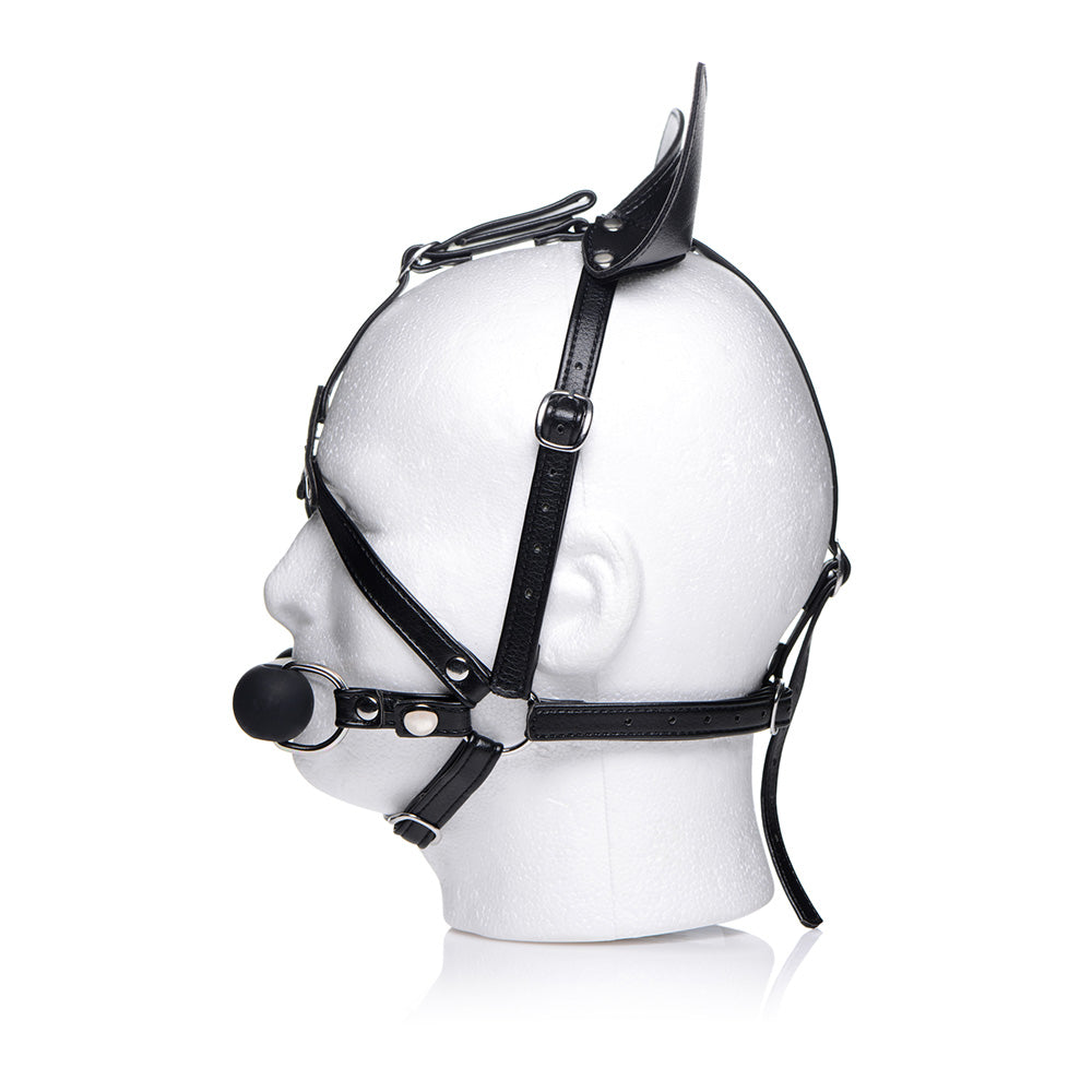 Black vegan leather pony head harness with silicone bit gag on a white mannequin head.