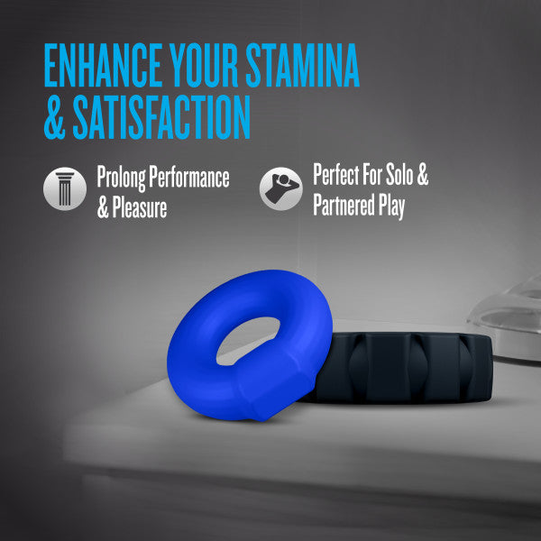 Blue and black silicone cock rings for enhanced stamina and satisfaction.