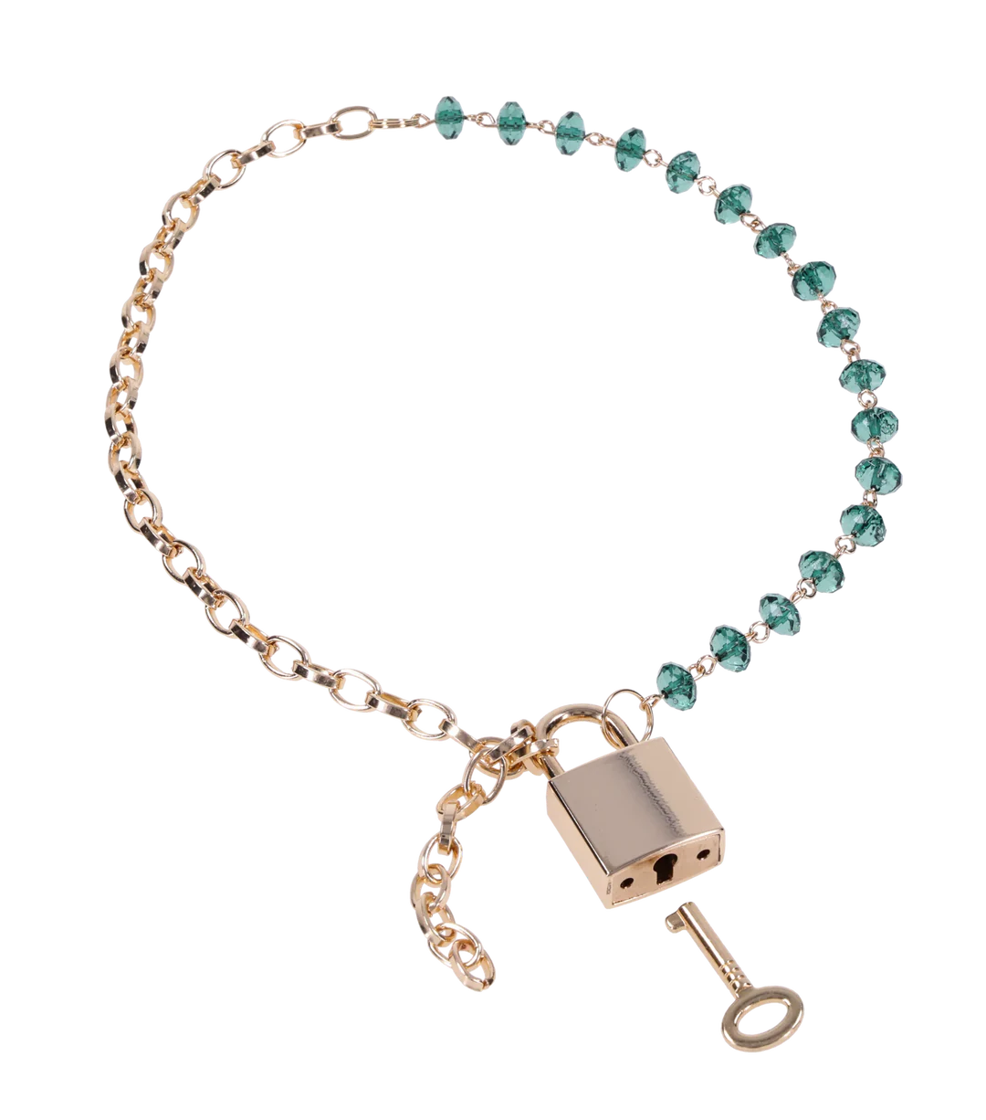 Gold chain collar with green beads, a lock, and a key.
