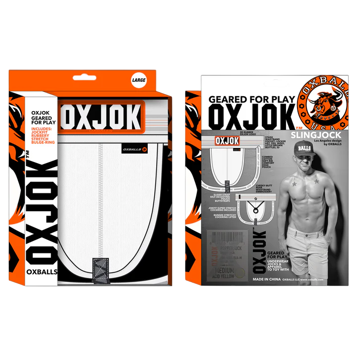 White Oxballs Slingjock jockstrap with slider straps and cockring.