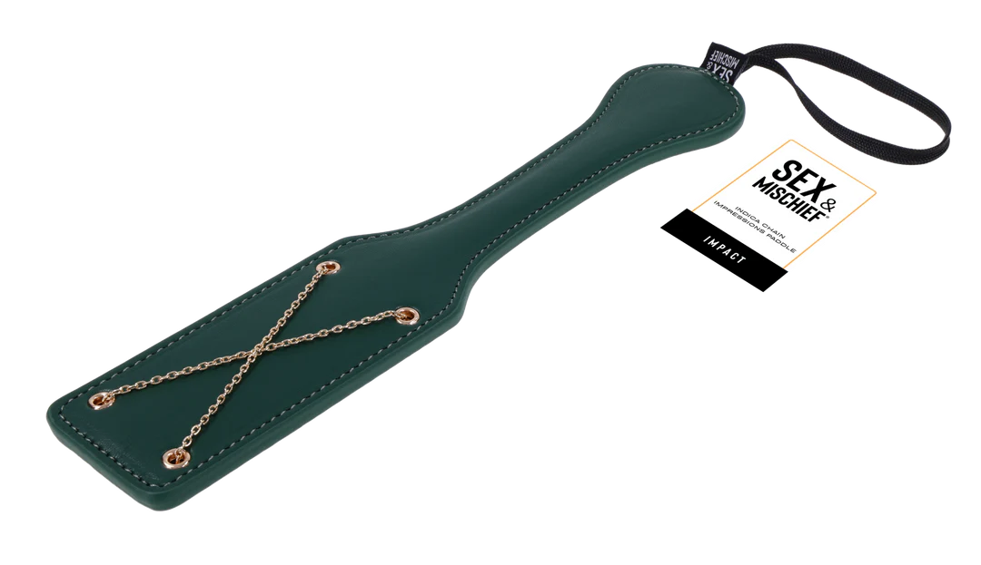 Emerald green faux leather paddle with gold chain inlay and a hanging loop.