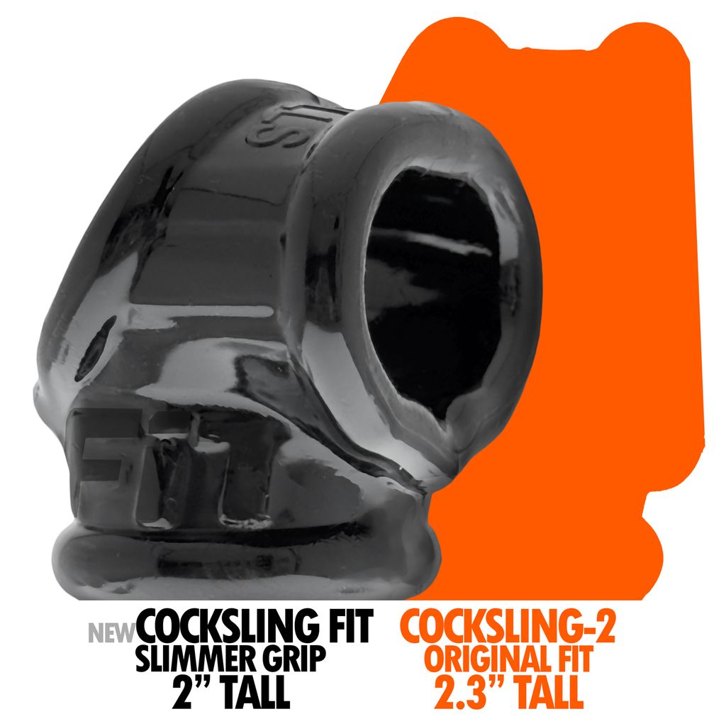 A black, stretchy rubber cock ring sling with text indicating "CockSling Fit" and "CockSling-2 Original Fit".