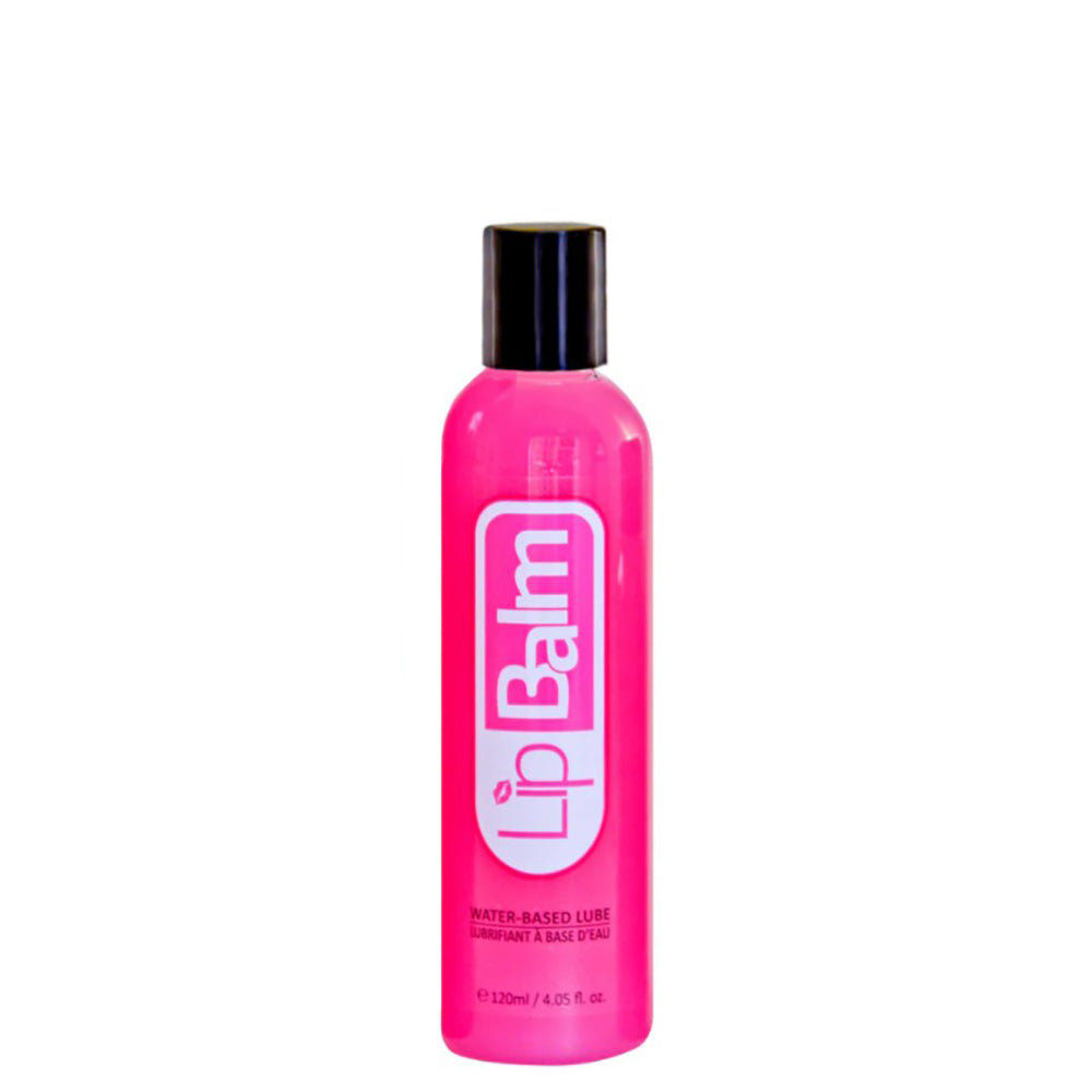 A pink bottle of Lip Balm water-based lubricant with a black cap.