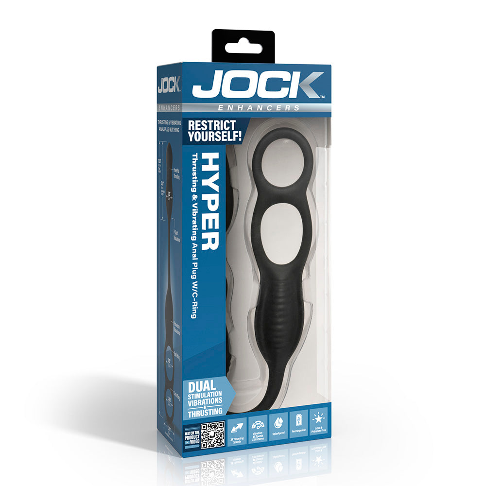 Black Jock Hyper thrusting and vibrating anal plug with c-ring in packaging.
