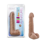 Suave 7-inch dual density flexible dildo in tan color on blue packaging.