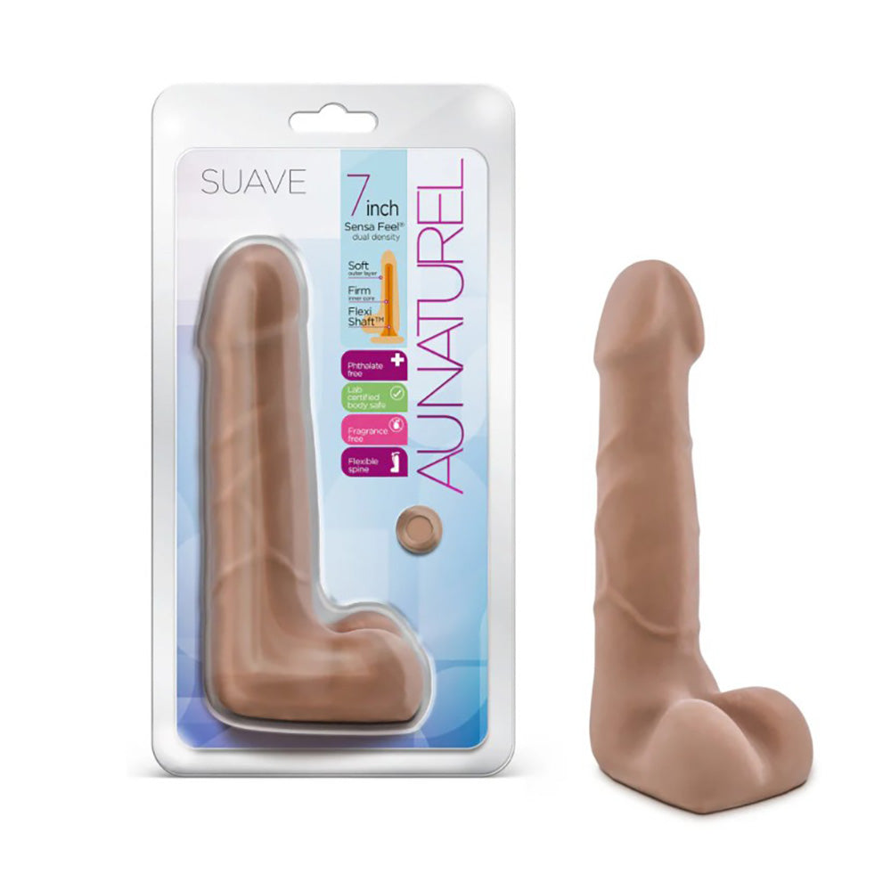 Suave 7-inch dual density flexible dildo in tan color on blue packaging.